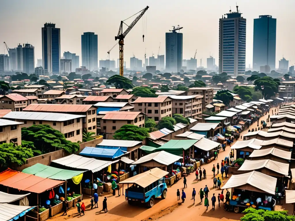 Vista vibrante de ciudad africana: modernos rascacielos junto a mercados tradicionales y casas