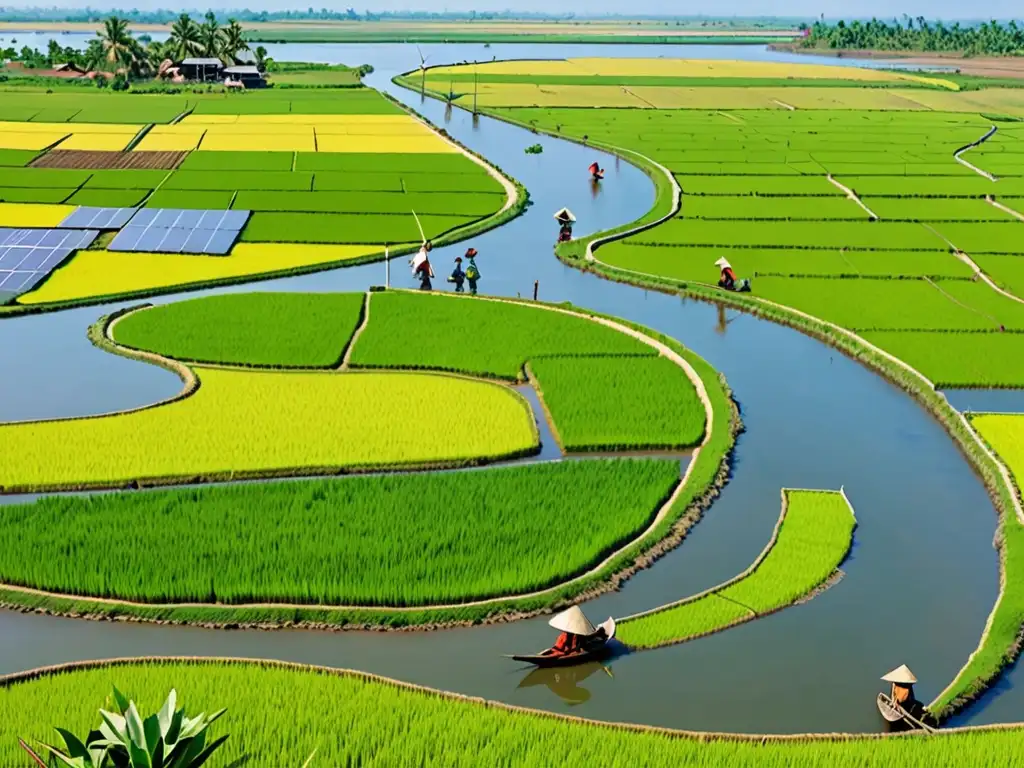 Vista vibrante del Delta del Mekong en Vietnam, con arrozales verdes, río serpenteante y cielo azul