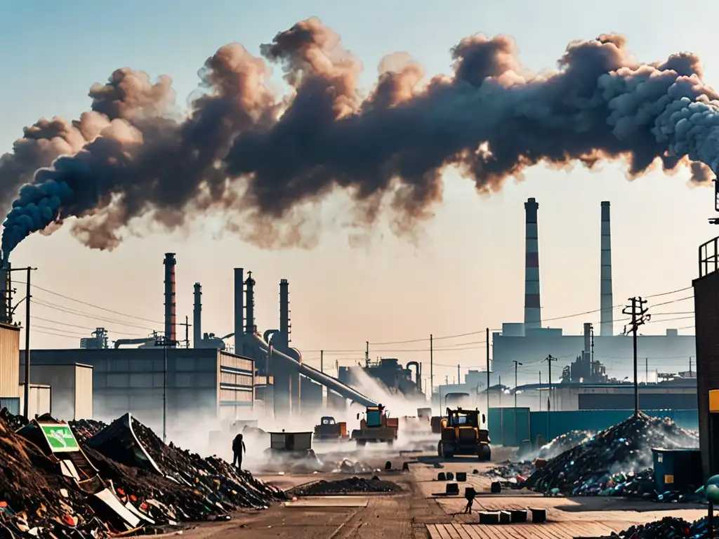 Vista de una zona industrial con humo y contaminación, resaltando las obligaciones legales para la prevención de la contaminación en las empresas