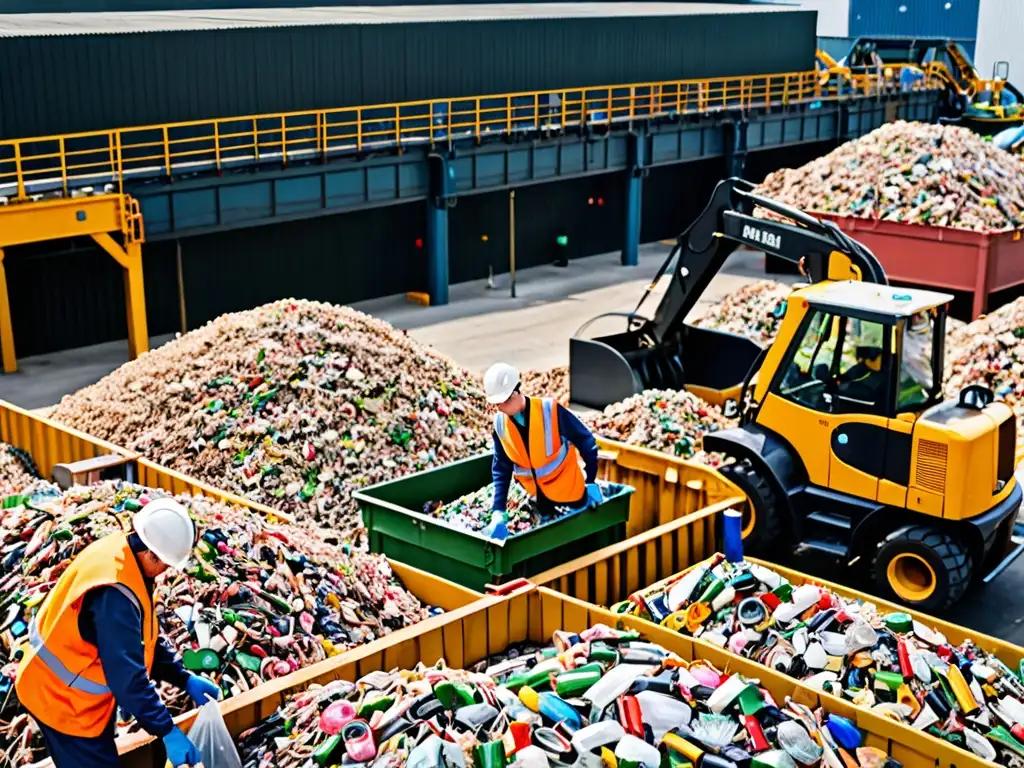 Un vistazo a una planta de reciclaje con trabajadores ordenando diferentes materiales