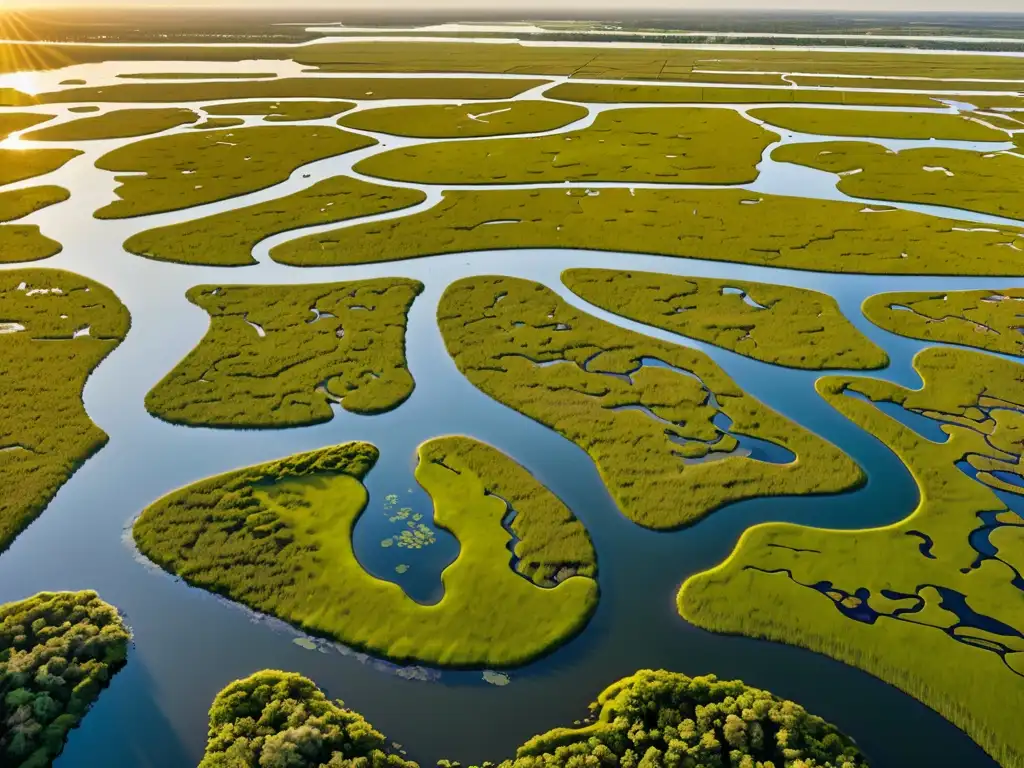 Vital importancia de protección de humedales en América: hermoso paisaje de humedal con diversa flora y fauna, reflejos del sol al atardecer