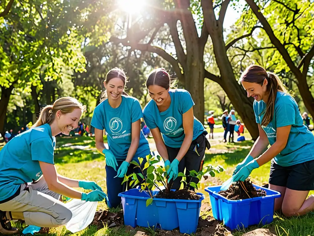 Voluntarios realizando actividades de conservación ambiental en un parque, siguiendo normativas actividades recreativas en parques