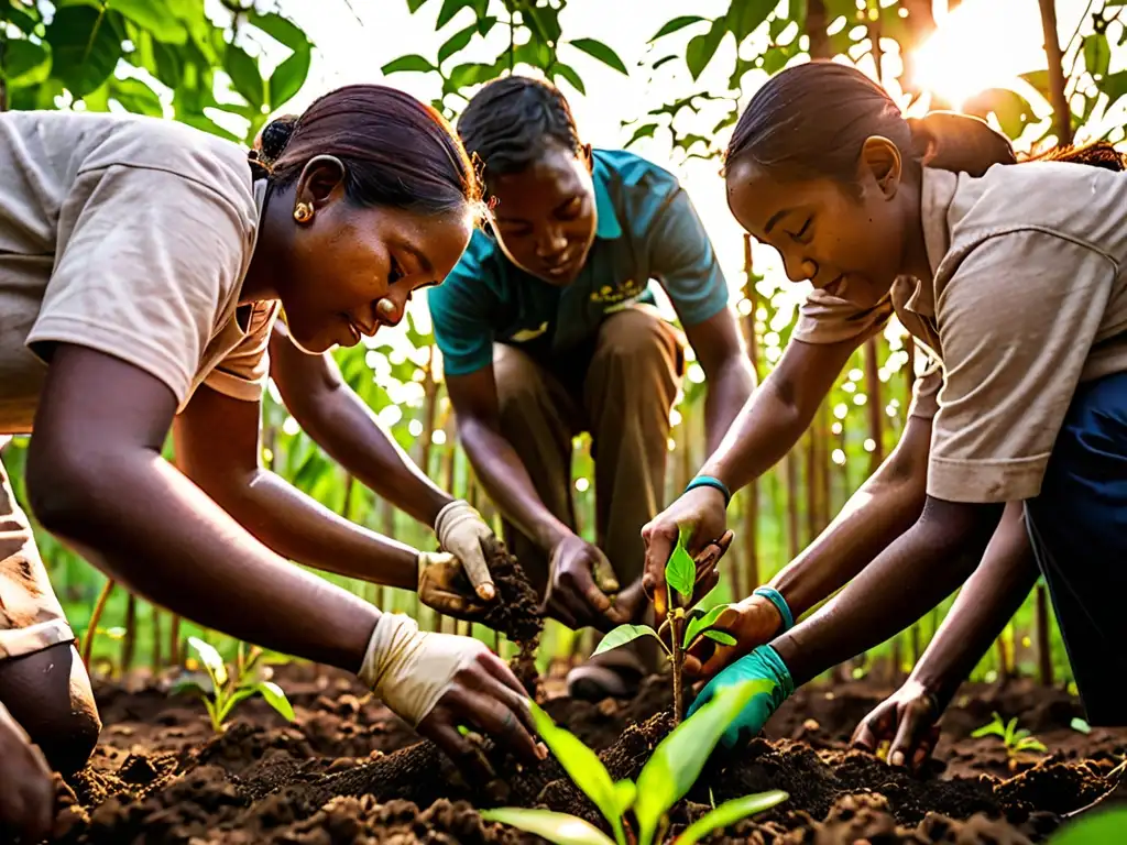 Voluntarios plantando árboles al atardecer en proyecto de reforestación, reflejando la importancia del derecho internacional ambiental