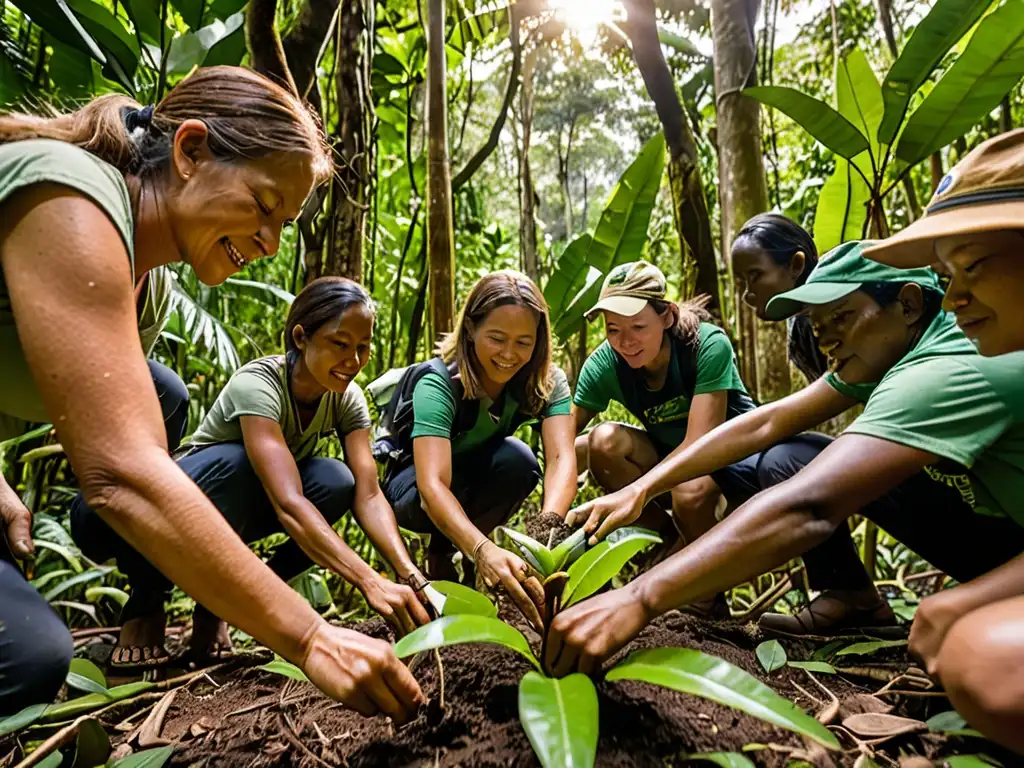 Reforestación apasionada en selva biodiversa Voluntarios plantando árboles en un bosque lluvioso biodiverso, como parte de medidas globales para proteger especies