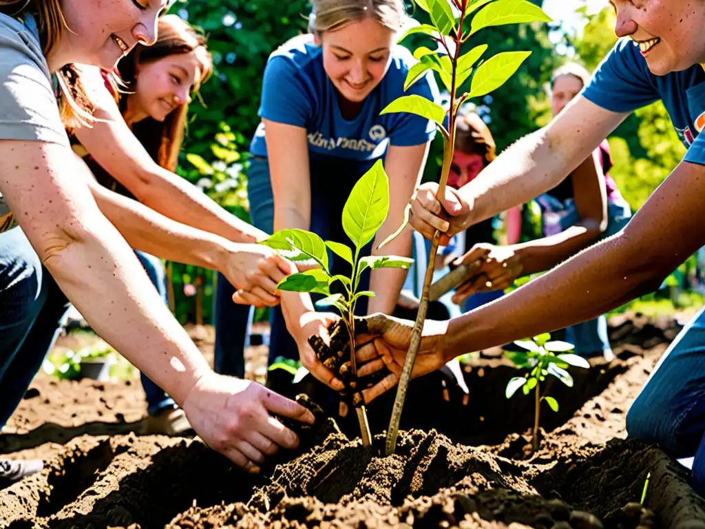 Voluntarios en acción plantando árboles en la ciudad, mostrando conservación patrimonio arbóreo ciudades