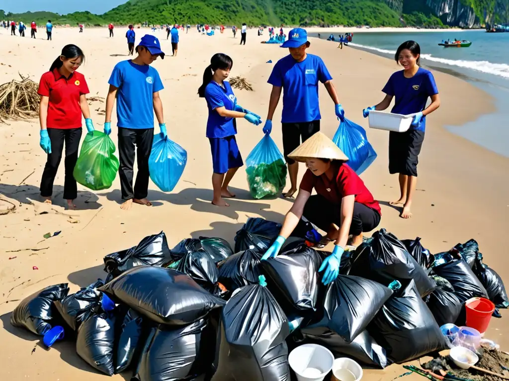 Voluntarios en Vietnam colaboran en limpieza de playa, destacando esfuerzos en legislación ambiental y cambio climático