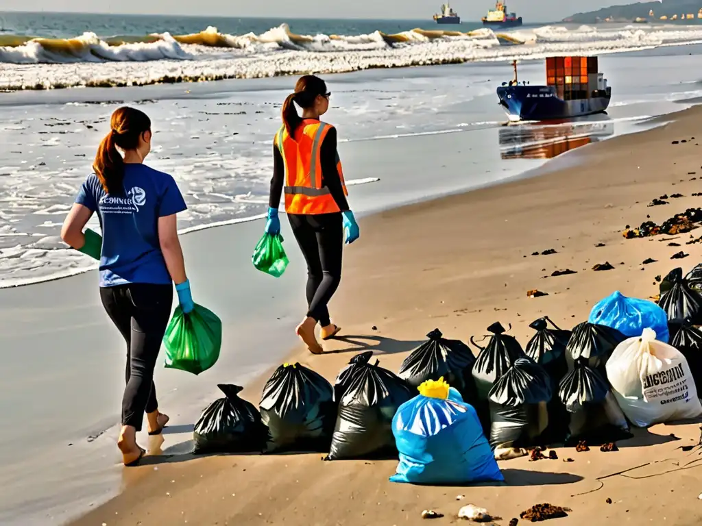 Voluntarios limpian playa al atardecer, resaltando desafíos legislación ambiental residuos marinos