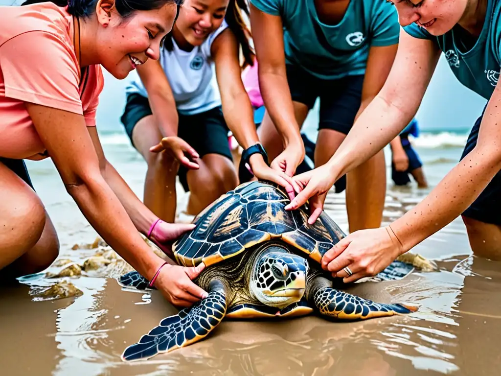 Voluntarios de ONG liberan tortugas marinas al atardecer, generando impacto en leyes de tráfico de especies y ecosistemas