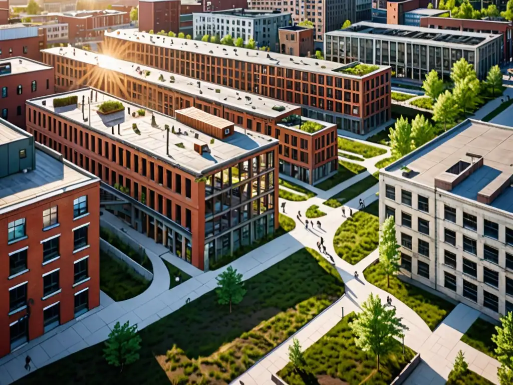 Renovación urbana: de abandono a vitalidad Una zona industrial abandonada transformada en un vibrante espacio urbano, resaltando la renovación postindustrial