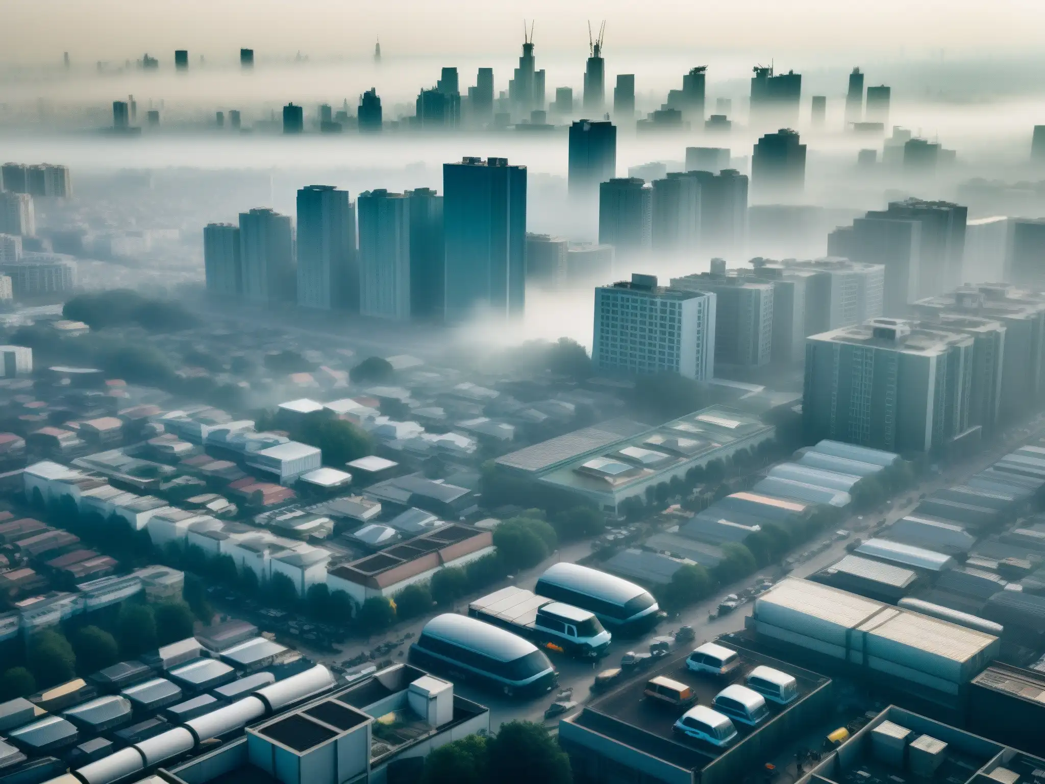 Una fotografía de alta resolución de una zona urbana densamente poblada cubierta por una gruesa capa de smog